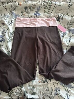Fold-Over Waist Wide Leg Leggings - Pink & Brown